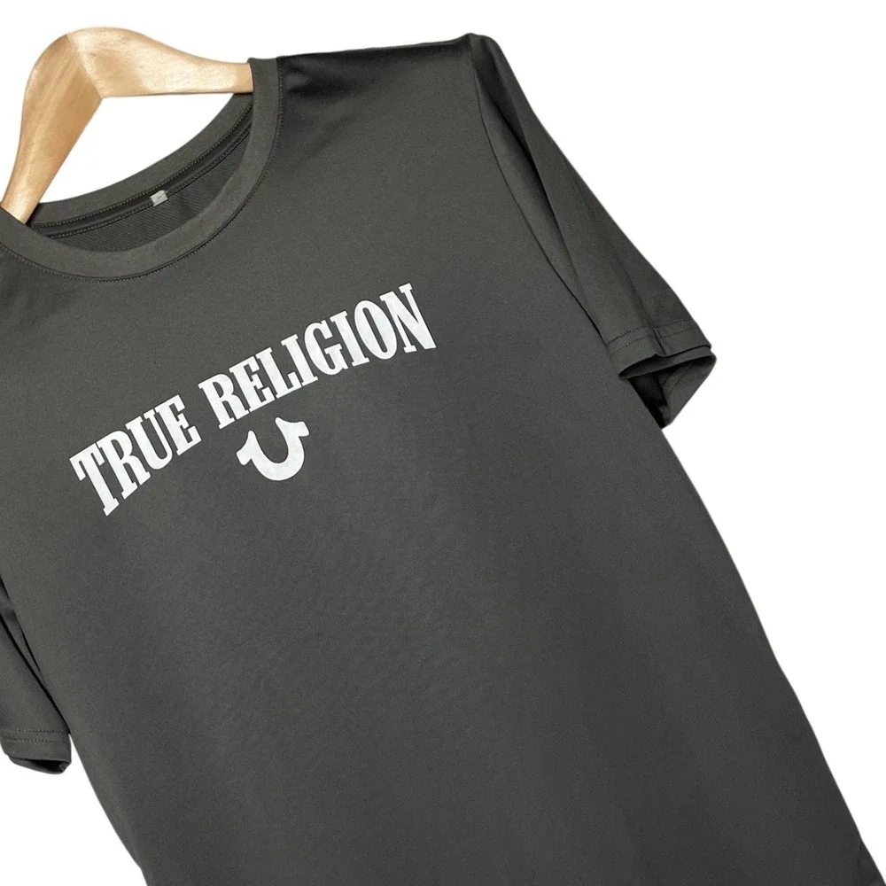 True Religion Mens Charcoal Gray‎ Graphic Horseshoe Logo T-Shirt Size Large